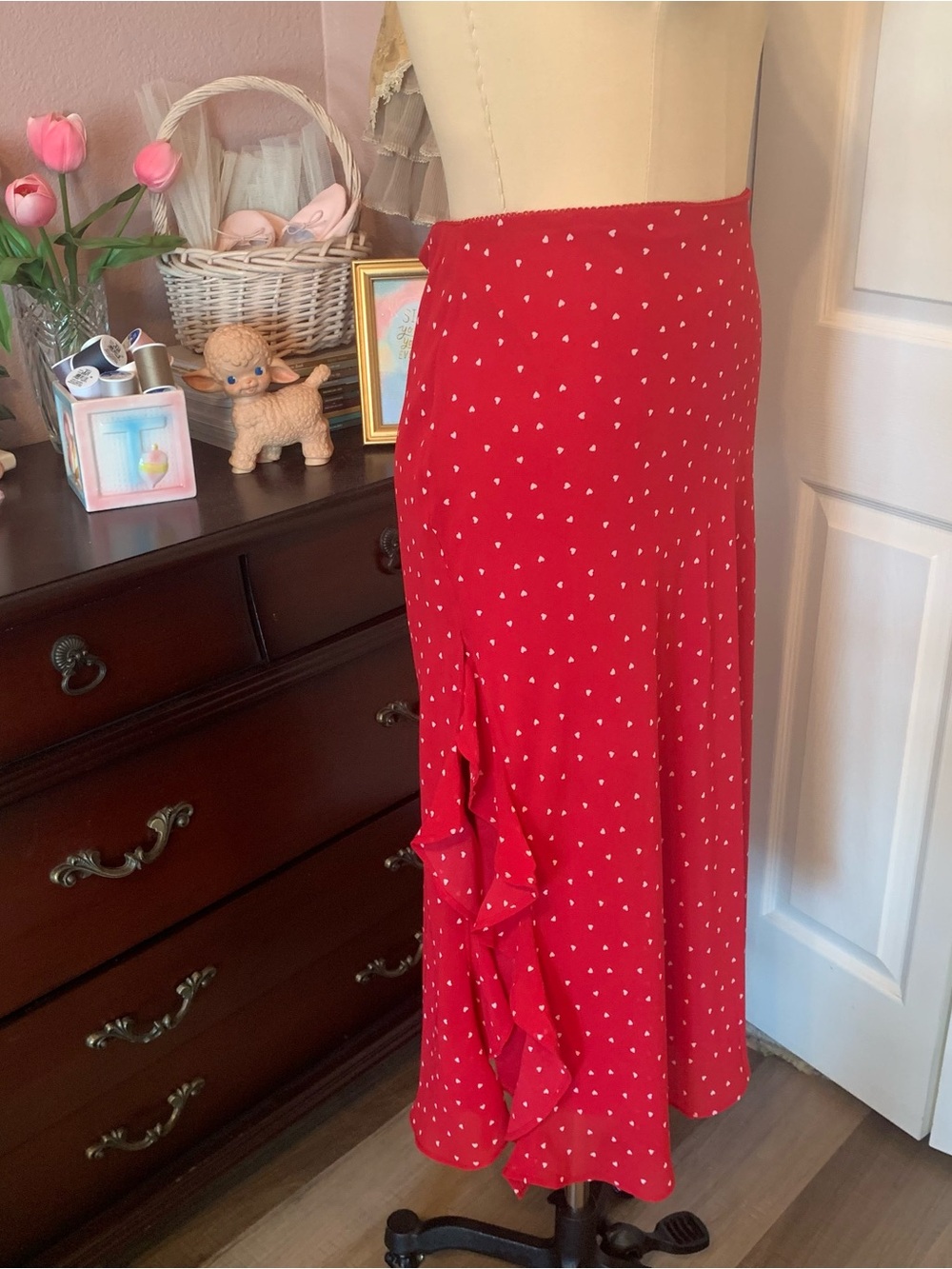 WILD FABLE Red Midi Skirt with White Heart Print and Side Ruffle
